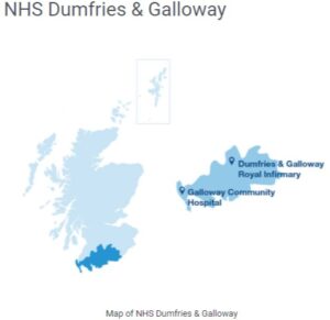 Map of Scotland highlighting NHS Dumfries & Galloway Health Board area